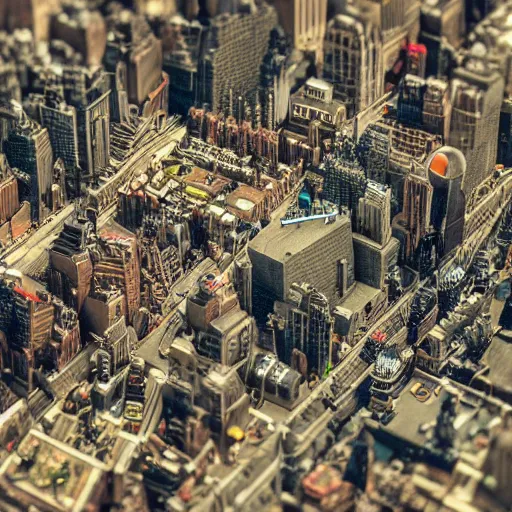 Prompt: new york city in the style of a warhammer 4 0 k battlefield, tiltshift view