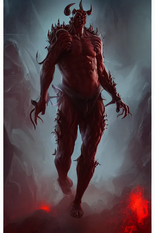 Image similar to portrait of male demon from hell, full body shot, visually stunning, trending on artstation, cgsociety, artgerm