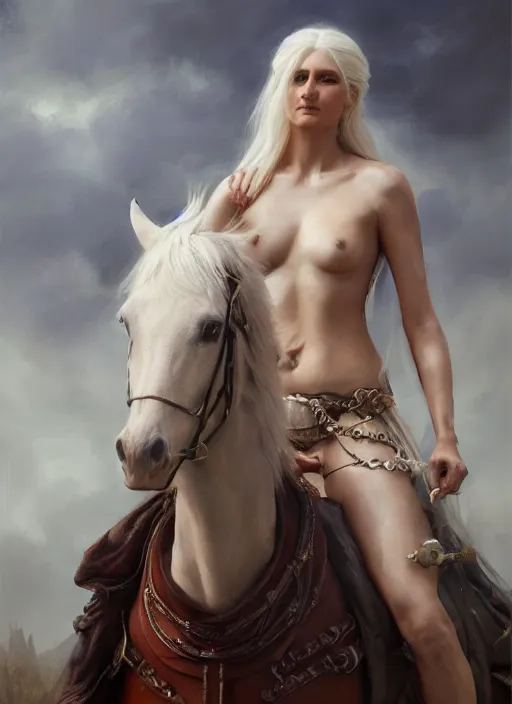 Image similar to painting of lady godiva with ciri from the witcher. by Daniel F. Gerhartz, hyperrealistic oil painting, 4k, very detailed faces, studio lightning