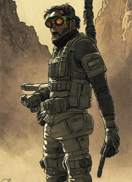 Prompt: apex legends sam fisher. concept art by james gurney and mœbius.