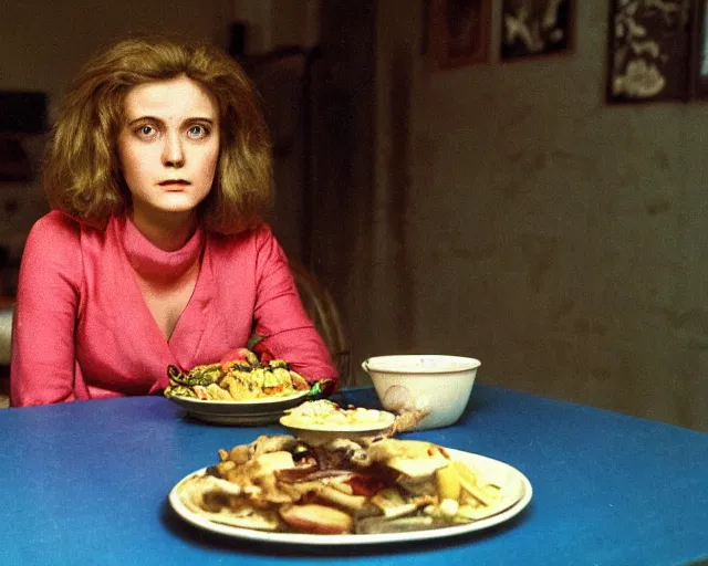 Image similar to 1 9 7 9 a soviet movie still a russian woman sitting at a table with a plate of food in dark warm light, a character portrait by nadya rusheva, perfect symmetric coherent face, perfect symmetric eyes, featured on cg society, neo - fauvism, movie still, 8 k, fauvism, cinestill, bokeh, gelios lens