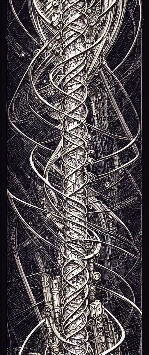 Prompt: a double helix dna cyberpunk steampunk etched pillar, high details, bold line art, by vincent di fate and joe fenton, inking, screen print, masterpiece, trending on artstation, sharp, high contrast, hyper - detailed,, hd, 4 k, 8 k