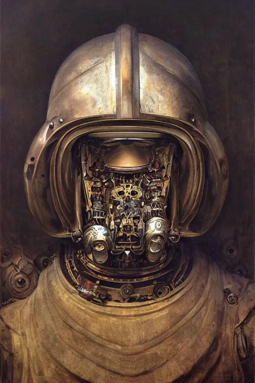 Prompt: beautiful oil clean painting biomechanical portrait of man with huge helmet complex machine by wayne barlowe, rembrandt, complex, stunning, realistic skin color, 4 k, high res, awardwinning, masterpiece, realistic lighting