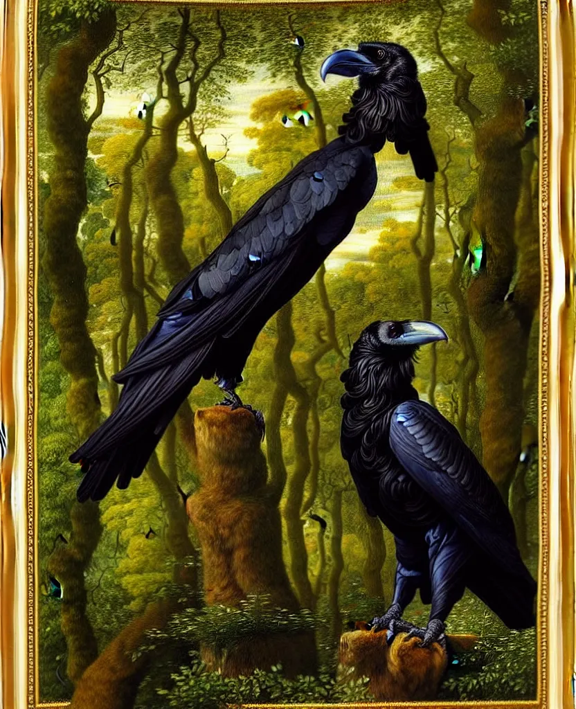 Prompt: a breathtakingly stunningly pre raphaelite beautifully highly detailed animal portrait of a majestic raven, in an forest with arch and smokey reflections, framed, by rosetti and devinci and michael cheval and sidney cooper and turner, 4 k