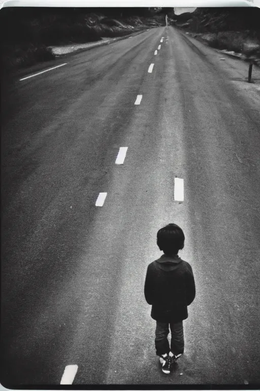 Image similar to photo polaroid of a sad and lonely child in the middle of a road with field hospitals , field hospitals, pandemic, loneliness, black and white ,photorealistic, 35mm film,
