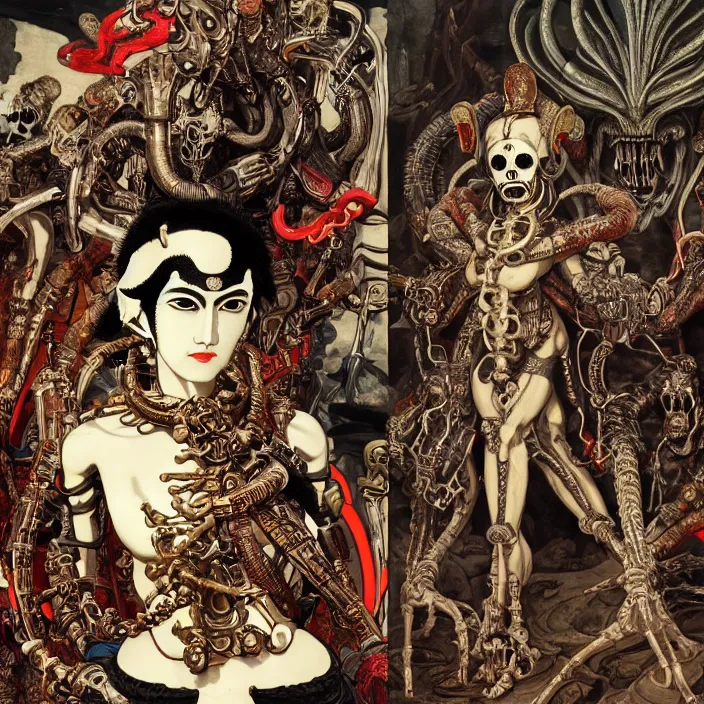 Image similar to still frame from Prometheus by Utagawa Kuniyoshi, death god Kali Durga as Dr doom in ornate bio cybernetic bone armour in front of burning souls and pile of alien skulls by Wayne Barlowe by peter Mohrbacher by Giger, dressed by Alexander McQueen and by Neri Oxman, metal couture hate couture editorial