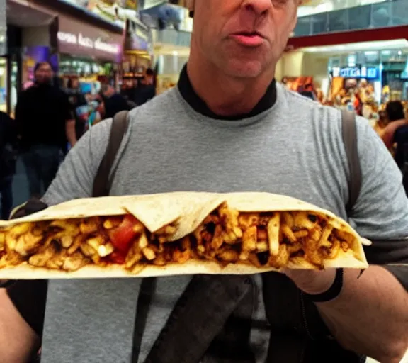 Image similar to duke nukem eating a burrito in a shopping mall