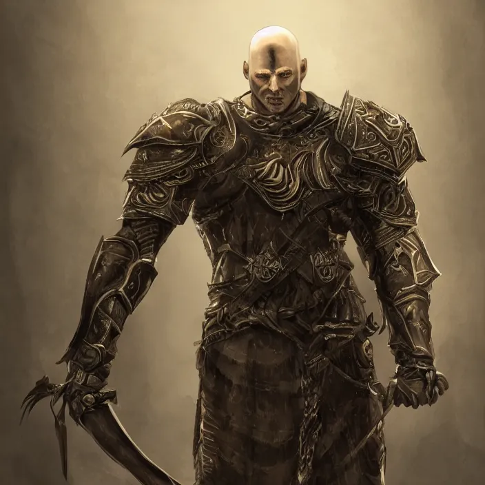 Image similar to a highly detailed symmetrical full body painting of a bald male warrior in dark armour with piercing eyes in dark tomb setting, dynamic lighting, ambient lighting, deviantart, artstation