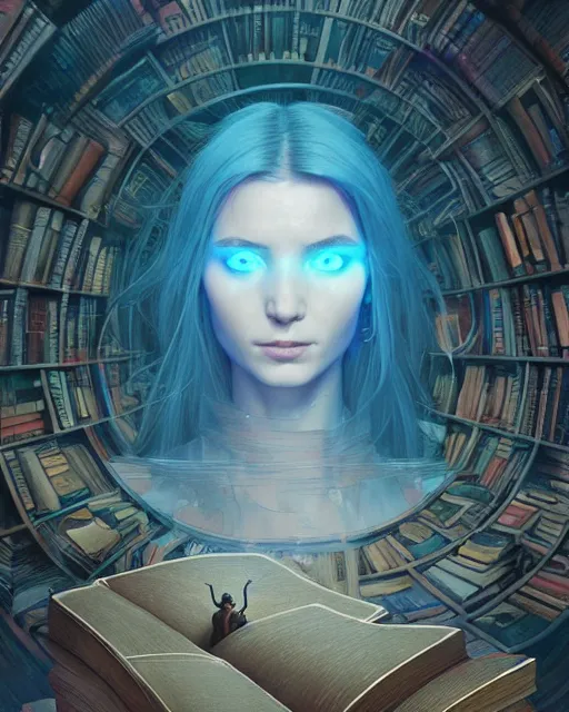 Image similar to highly detailed surreal vfx portrait of a female mage with a blue cape in a labyrinth of books, stephen bliss, unreal engine, greg rutkowski, loish, rhads, beeple, makoto shinkai and lois van baarle, ilya kuvshinov, rossdraws, tom bagshaw, alphonse mucha, global illumination, detailed and intricate environment