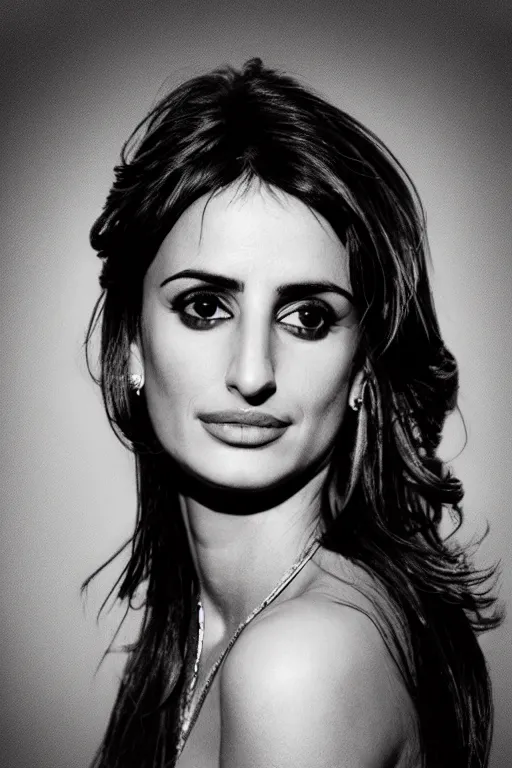 Image similar to photo portrait of penelope cruz, realistic, black and white, in style of phil borges