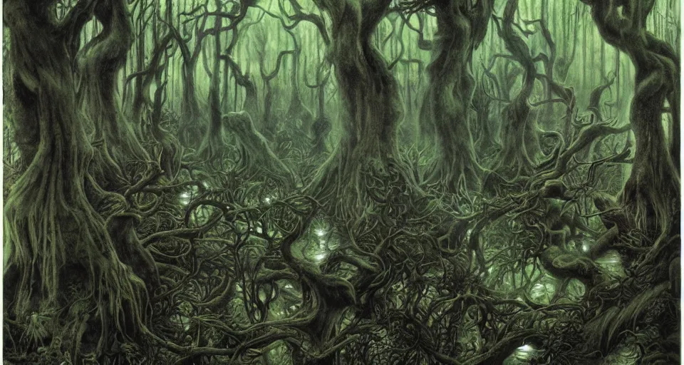 Image similar to A dense and dark enchanted forest with a swamp, by Brian Froud