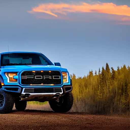 Image similar to a highly detailed photo of a ford raptor in alberta canada at sundown, 4 k high - resolution photograph, ultra detail, hd photo