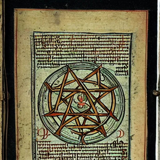 Prompt: page from a medieval manuscript on summoning demons, occult symbols, illustrations of plants, open book, highly detailed, pentagram, fantasy art