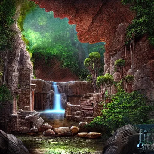 Prompt: ancient ruins,plants and waterfalls in the interior of a cave,digital art