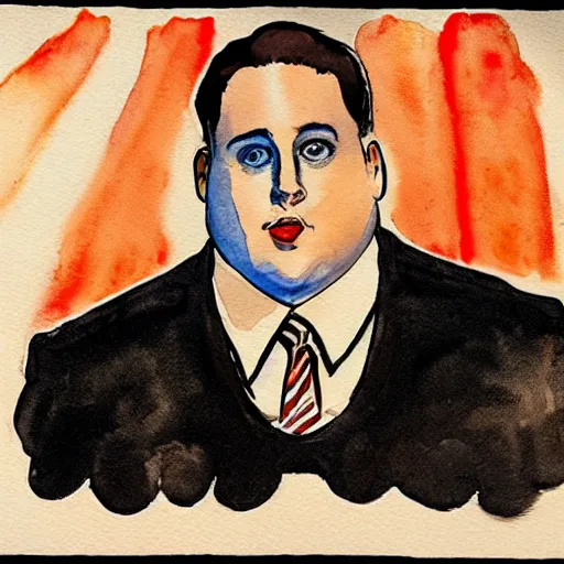 Image similar to jonah hill, stylized. Watercolor and ink. 1950s.