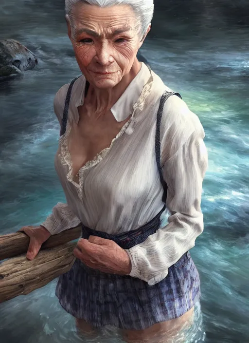 Image similar to photo of a gorgeous old young woman dressed as a man, climbing a river in the style of stefan kostic, realistic, sharp focus, 8k high definition, insanely detailed, intricate, elegant, art by stanley lau and artgerm