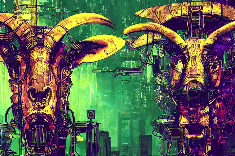 Image similar to complex cyberpunk machine background merged with evil cybernetic goat head in center focus, multicolored digital art