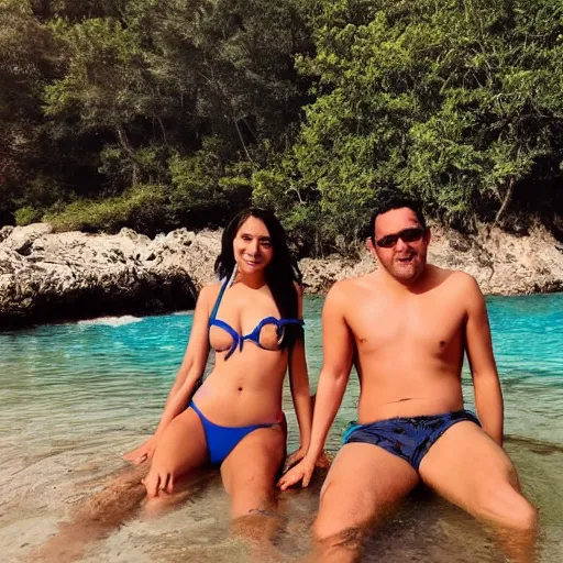 Image similar to photo of a 4 0 year old man that looks young for his age dating a very attractive legal 2 2 year old colombian woman wearing a bikini. they are swimming.