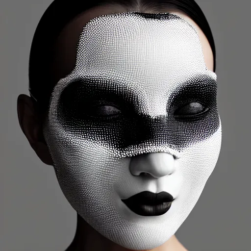 Prompt: ultra detailed woman wearing a white mask with black wires on her head, featured on behance, net art, made of wire, 5 0 mm lens, elegant, hyper realistic, ultra detailed, octane render, volumetric lighting, 8 k post - production