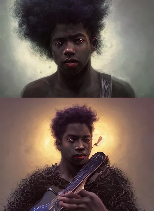 Image similar to fantasy changeling black kid with long curly hair playing electric guitar, between worlds, dim light, half n half ront game card, marvel comics, dark, intricate, highly detailed, smooth, artstation, digital illustration by ruan jia and mandy jurgens and artgerm and wayne barlowe and greg rutkowski and zdislav beksinski