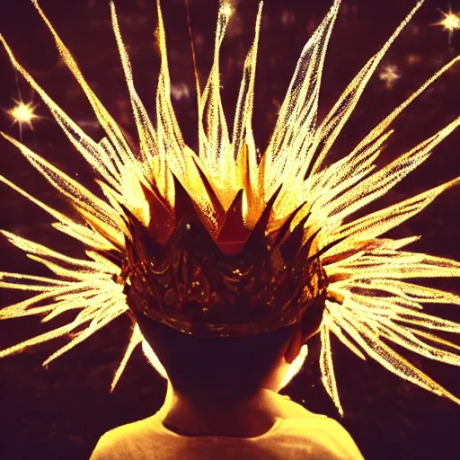 Image similar to Crown made of Bokeh on a head made of light on an angel with wings of fire standing on lava. Photo.