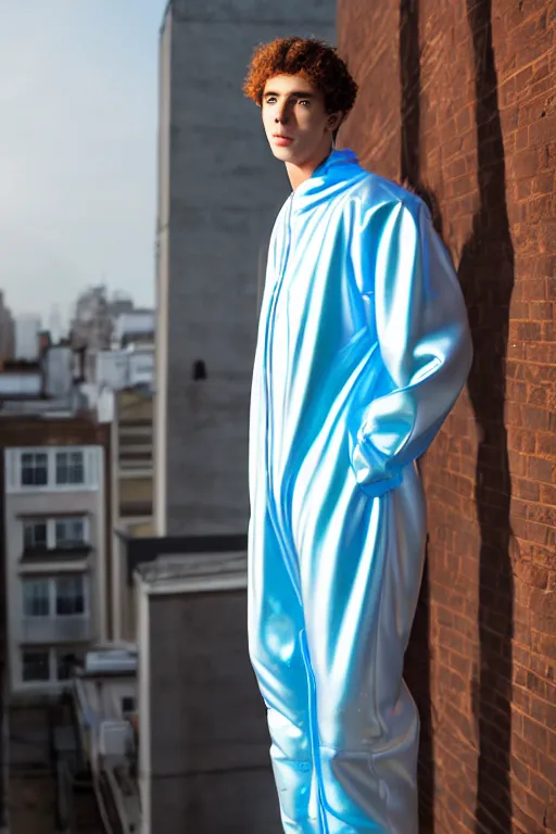 Image similar to un ultra high definition studio quality photographic art portrait of a young man standing on the rooftop of a british apartment building wearing soft baggy inflatable padded iridescent pearlescent jumpsuit. three point light. extremely detailed. golden ratio, ray tracing, volumetric light, shallow depth of field. set dressed.