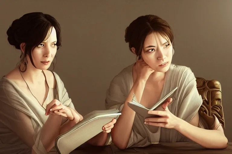 Image similar to portrait of two wise and very beautiful women discussing some texts appearing in a computer screen, art by shaft studio, intricate, elegant, highly detailed, smooth, sharp focus, artstation