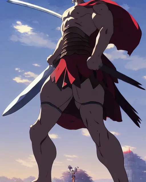 Prompt: powerful muscular warrior with a greatsword, fully clad in plate armor and wearing a cape, dramatic action pose, square masculine jaw, short messy hair, trending on pixiv fanbox, by greg rutkowski makoto shinkai takashi takeuchi studio ghibli, akihiko yoshida