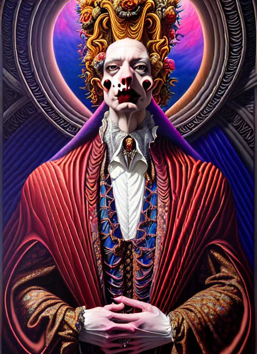 Image similar to beautiful oil painting, full length portrait of vampire dauphinois in baroque coronation robes 1 7 0 1, dan mumford, dan mumford, alex grey, hyacinthe rigaurd, highly detailed, lsd visuals, dmt fractal patterns, visionary art, psychedelic art, ornate, vaporwave, baroque, greg rutkowski