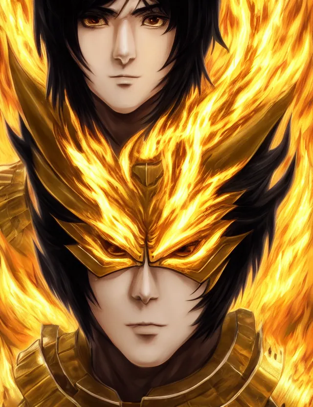 Image similar to a detailed manga portrait of a black haired man with hazel eyes in gleaming golden armour that burns with golden fire, trending on artstation, digital art, 4 k resolution, detailed, high quality, sharp focus, hq artwork, coherent, insane detail, character portrait