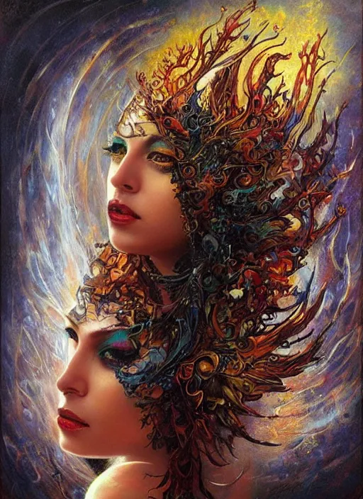 Prompt: magic enlightened cult psychic enchanted woman, painted face, third eye, energetic consciousness psychedelic, epic surrealism expressionism symbolism, perfect, by karol bak, louise dalh - wolfe, masterpiece