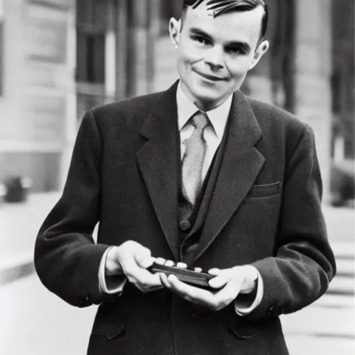 Prompt: alan turing presenting the new iphone