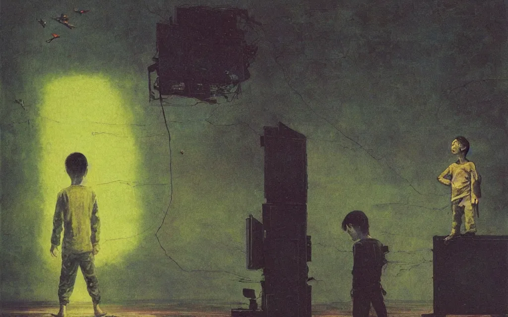 Prompt: early color photo of an boy standing and looking at an old PC computer monitor from 90s in an old soviet apartment and looking at the scared enlightened boy flying up in sky, Beksinski impasto painting, part by Adrian Ghenie and Gerhard Richter. art by Takato Yamamoto, masterpiece