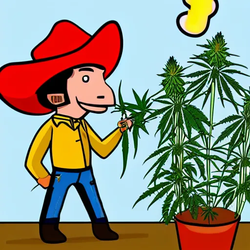 Prompt: an awkward and silly illustration of a cowboy admiring his cannabis plants while a rocket launches in the background