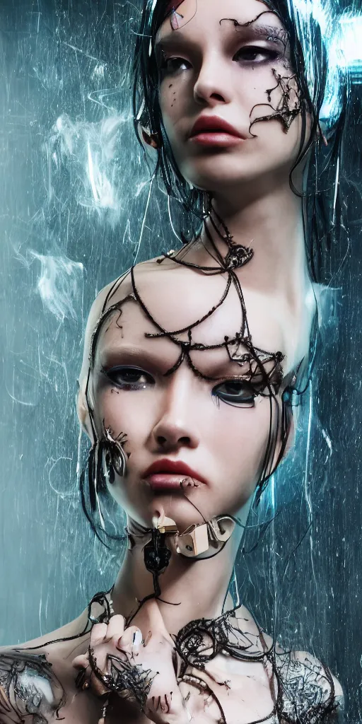 Image similar to hyperrealistic futuristic high fashion photography, girl in studio, full body, cybernetic parts by luis royo, asian, vogue magazine, nomad masterpiece, nano parts, neon lights, smoke, eerie music, beautiful intricate face and flawless skin, tribal jewelry, tattoos, perfect hands, head piece, by Edgar Maxence and Ross Tran and Michael Whelan, 8k, octane render