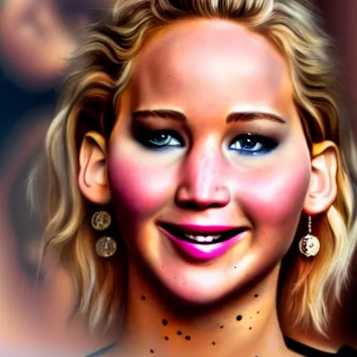 Prompt: beautiful hyperrealism hyperdetailed candid portrait of jennifer lawrence smiling widely in happy disbelief because of a marriage proposal from jennifer lawrence, flushed face, red blush, puffy lips, soft features, 8 k, sharp focus, golden hour, beach setting