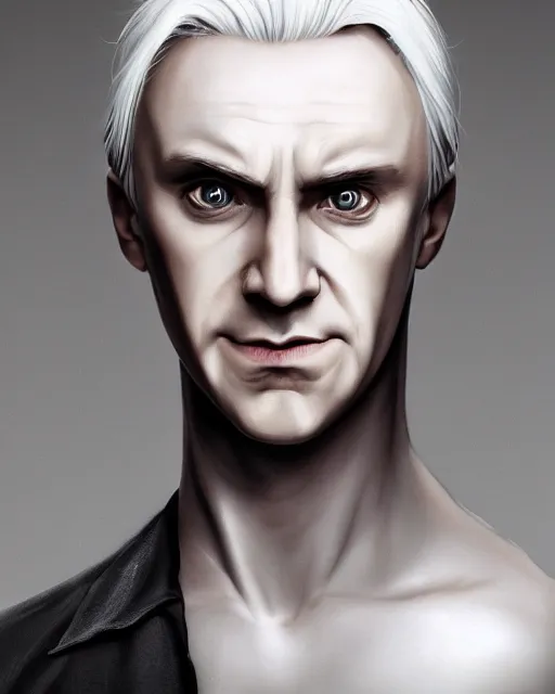 Image similar to portrait of 4 0 - year - old man with white hair with a pale complexion, pointed face and grey eyes, malfoy, clear smooth face, no beard, wearing all black clothes, haughty facial expression, hyper realistic face, beautiful eyes, character art, art by mark brooks, hyperdetailed, cryengine, trending on artstation, digital art