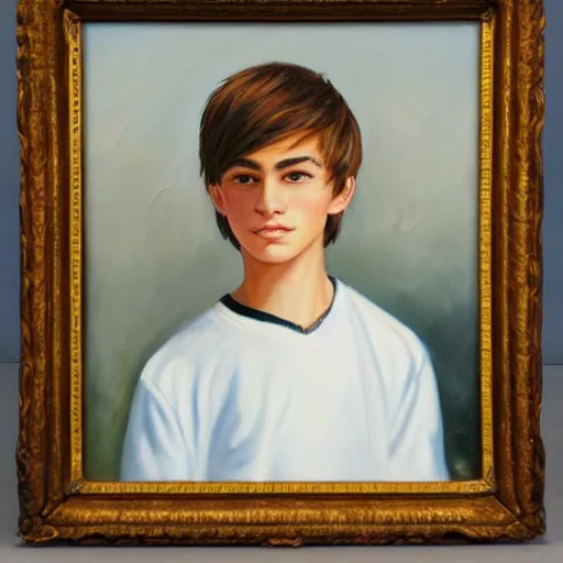 Image similar to beautiful oil painting of a teenage boy with short side part light brown hair and brown eyes