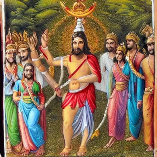 Prompt: jesus dressed as a hindu god, walking with lord shiva in a village