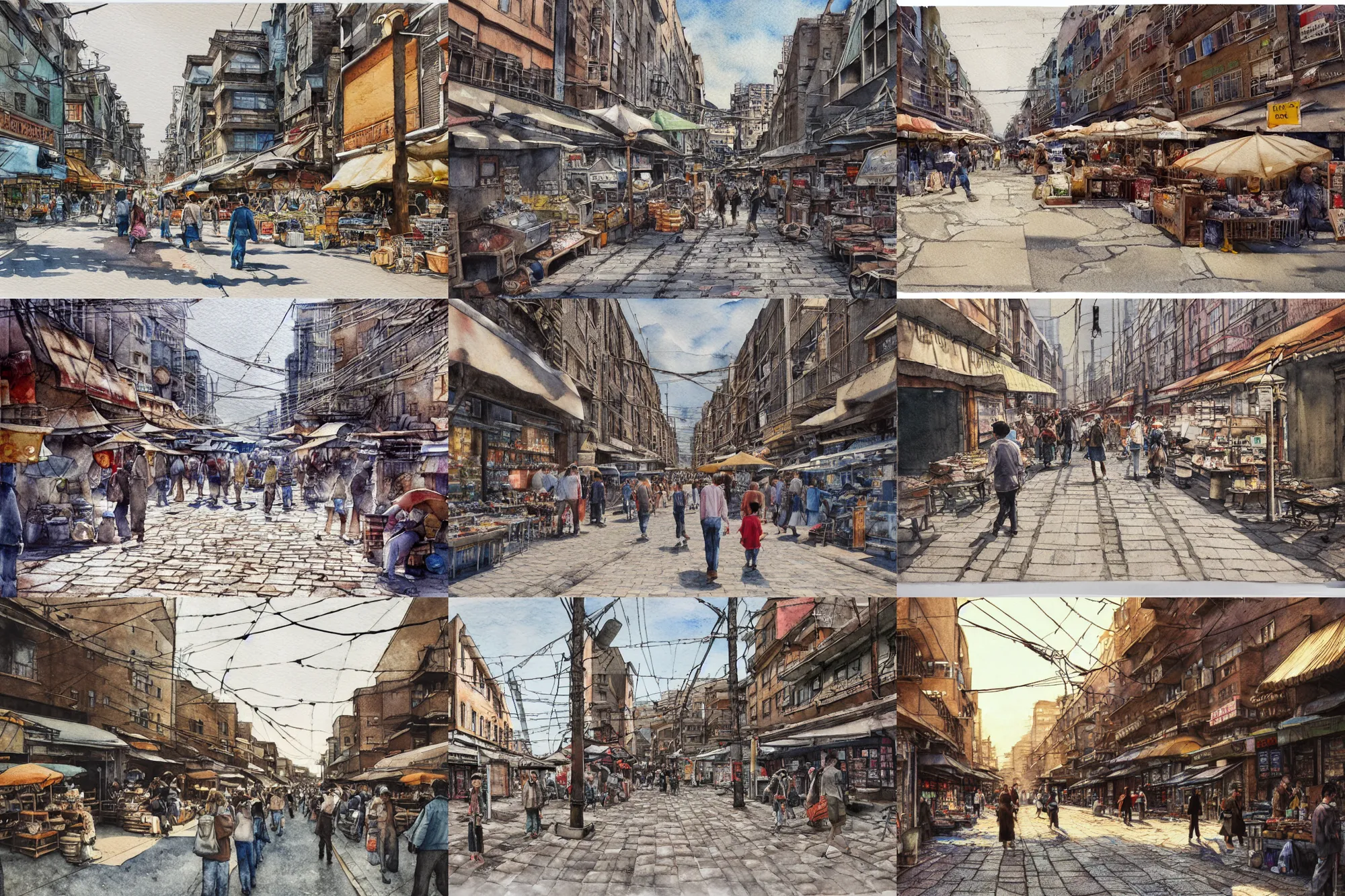 Prompt: street scene, low angle, tatsuyuki tanaka, detailed watercolor, back lit, paper texture, movie scene, street market, people shopping, bright sun bleached ground , spot light, texture, brown cobble stones, dust, overhead wires, telephone pole, dusty, dry, pencil marks, hd, 4k, remaster, dynamic camera angle, deep 3 point perspective, fish eye, dynamic scene