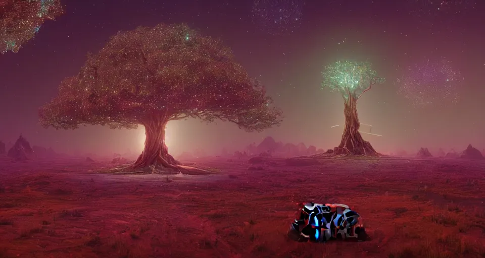 Prompt: cosmic tree of life made of stars, center composition, cinematic, rendered by simon stålenhag, rendered by Beeple, Makoto Shinkai, syd meade, environment concept, digital art, starwars, unreal engine, 3 point perspective, WLOP, trending on artstation, low level, 4K UHD image, octane render,