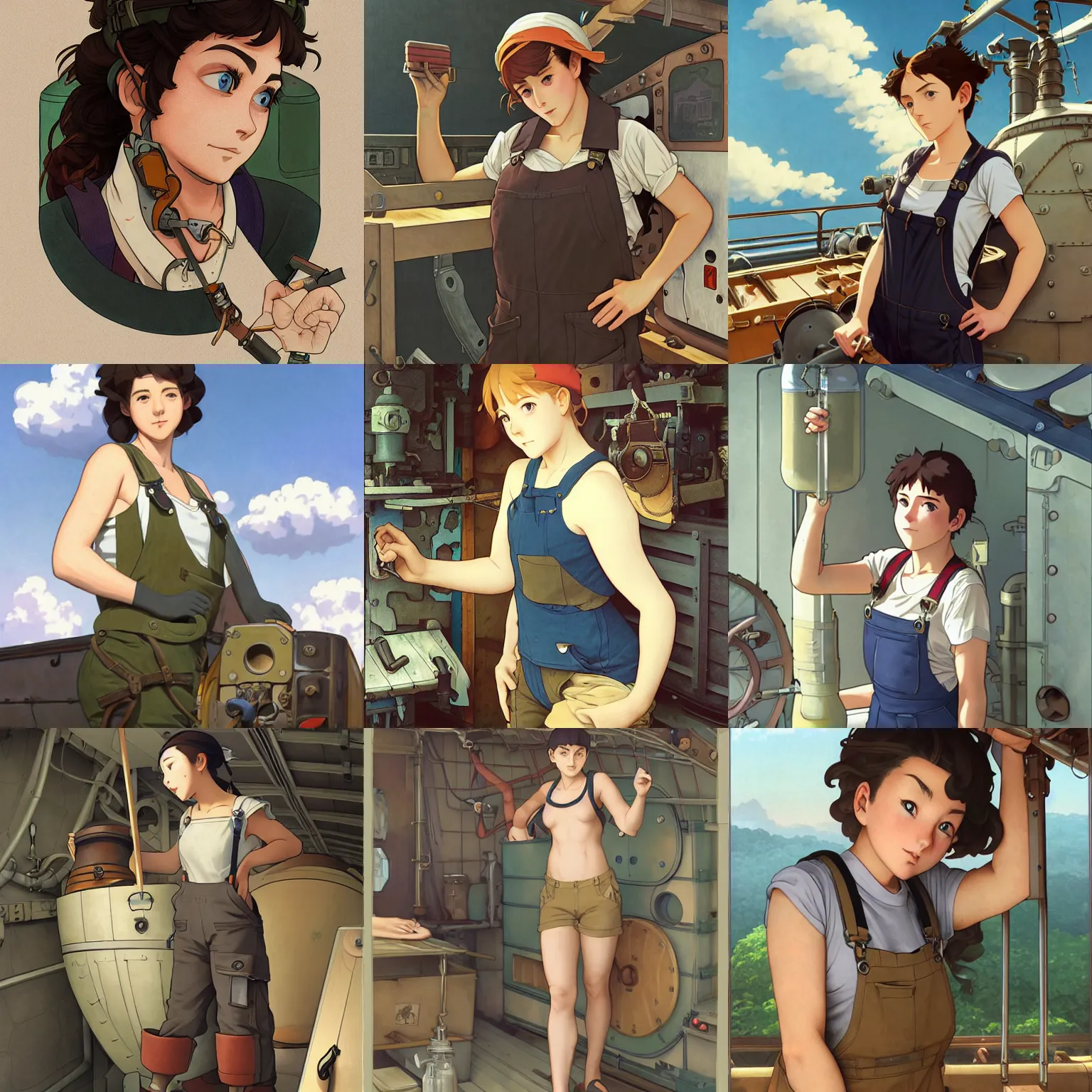 Prompt: an airship mechanic wearing a tank top and overalls lying in her cramped bunk below deck, finely illustrated face, highly detailed, digital painting, studio ghibli, tankobon, in the style of ilya kuvshinov and krenz cushart and william - adolphe bouguereau and alphonse mucha