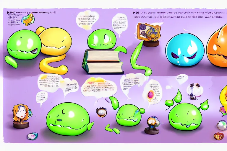 Prompt: a book page with list of anthropomorphic slimes waifu standing, perfect faces, concept art