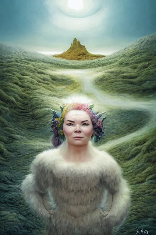 Image similar to beautiful bjork portrait in iceland by hubert robert and lee madgwick and roger dean and jacek yerka, dan mumford and alex grey style, soft lighting, 4 k hd wallpaper illustration concept joy atmospheric lighting