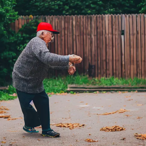 Prompt: An elderly man throwing a sausage, Canon EOS R3, f/1.4, ISO 200, 1/160s, 8K, RAW, unedited, symmetrical balance, in-frame