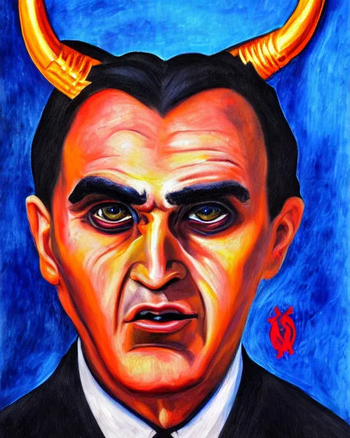 Image similar to expressionist painting of demonic aloysius stepinac with demonic eyes and horns, vivid colors, high production value, intricate details, high resolution, hyperrealistic, hdr, high definition, masterpiece, ultra realistic, highly detailed, hd, sharp focus, non blurry, sharp, smooth