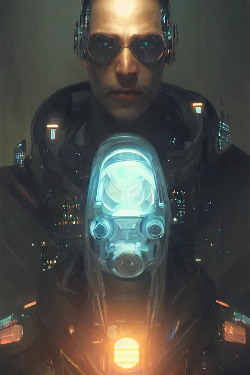 Prompt: cyberpunk man with face tech, dim ambient lighting, dark shadows, highly detailed, digital painting, artstation, concept art, sharp focus, illustration, art by artgerm and greg rutkowski and alphonse mucha