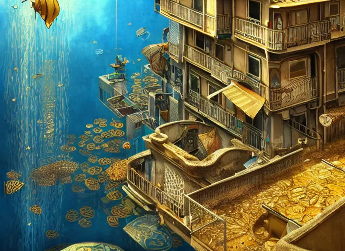 Image similar to art nouveau favela, underwater environment, scenery, professional, award - winning, trending on artstation, hyper detailed, realistic, beautiful, emotional, shiny, golden, picture