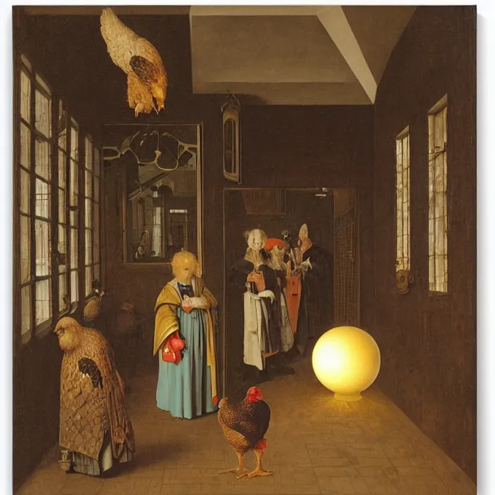 Image similar to a chicken in a hall with a glowing orb at the end, glowing orb door, by jan van eyck
