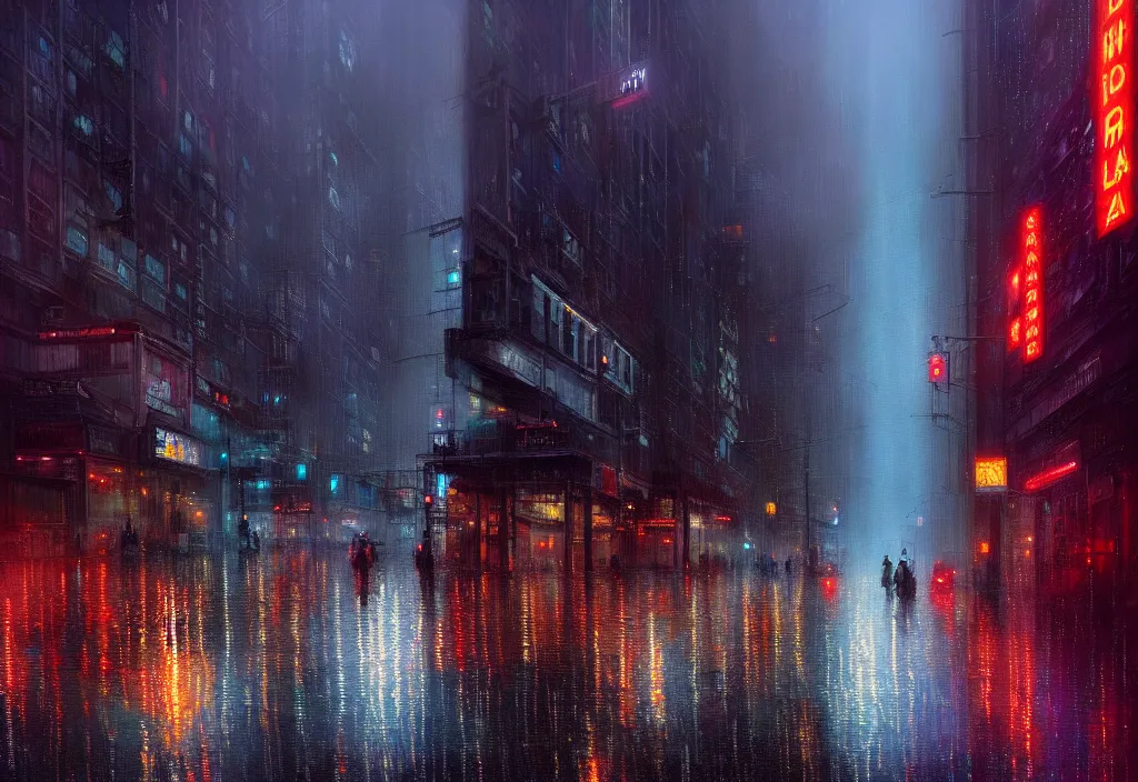 Image similar to top digital painting of rainy downtown toronto at night. intense colourful foggy atmosphere and intricate reflective complex tall buildings. thorough details, intricate, artstation, atmosphere, highly detailed, craig mullins, james jean, digital painting, deviantart, cinematic lighting, busy!!!